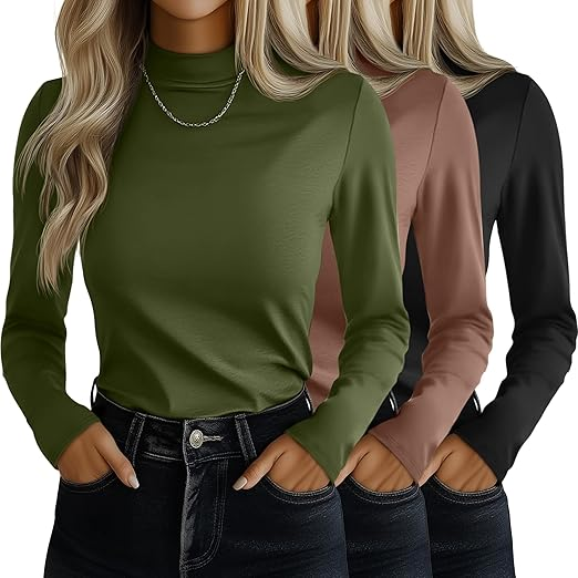 MOSHU 3 Pack Tshirts for Women Long Sleeve Mock Neck Women T-shirts Loose Fit Pullover Tops Casual Base Layer