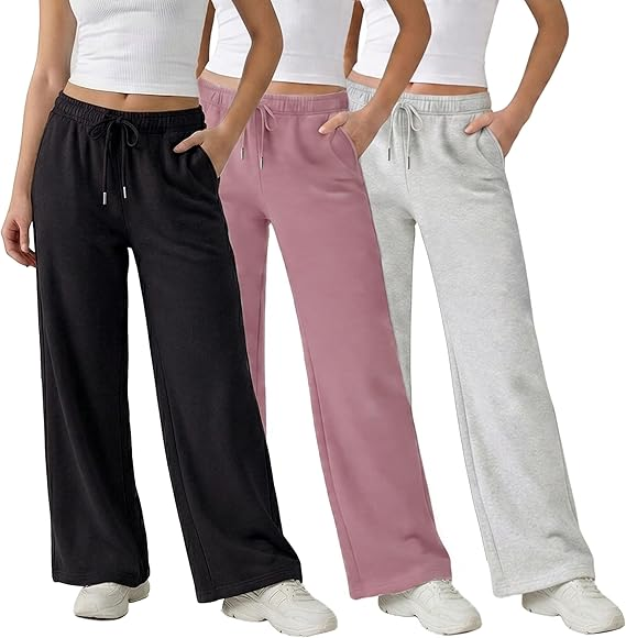MOSHU 3 Pack Wide Leg Sweatpants for Women Fleece Baggy Womens Sweatpants Drawstring Elastic Pants with Pockets