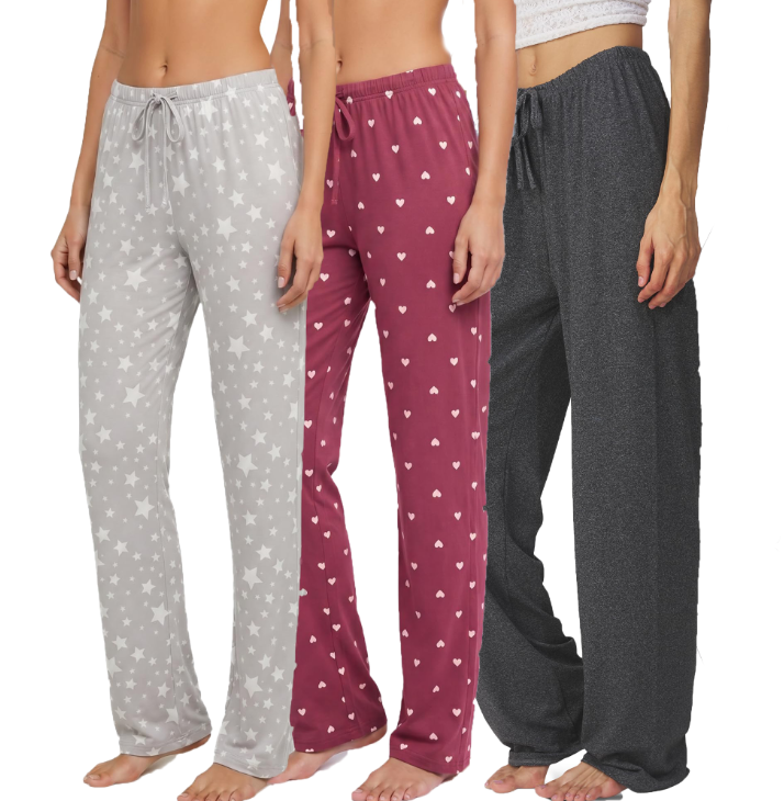 MOSHU 3 Pack Womens Pajama Pants Elastic Waist Drawstring Lounge Bottoms Wide Leg Sleepwear Lounge Pants with Pockets