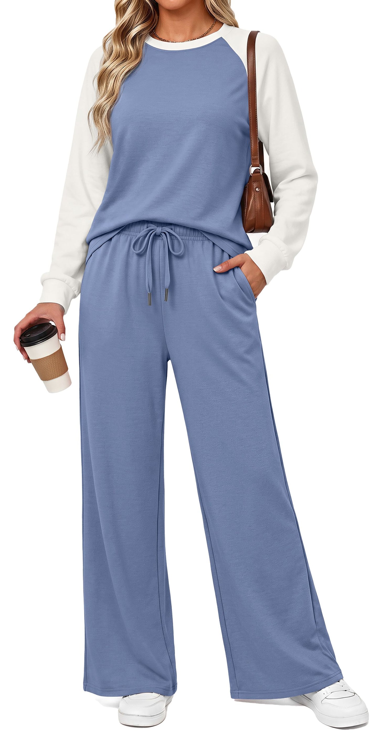 MOSHU Two Piece Sets for Women Casual Fall Travel Vacation Outfits Color Block Long Sleeve Tops and Drawstring Wide Leg Pants with Pokets Lounge Sets