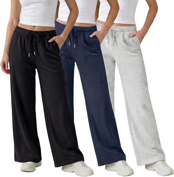 MOSHU 3 Pack Wide Leg Sweatpants for Women Fleece Baggy Womens Sweatpants Drawstring Elastic Pants with Pockets