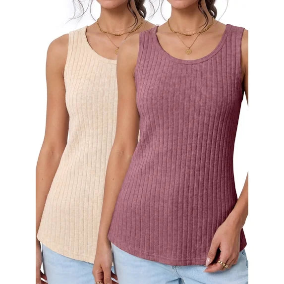 MOSHU 2 Pack Tank Tops for Women Crew Neck Sleeveless Tops Dressy Casual Loose Fit Summer Shirts
