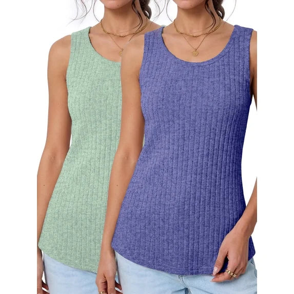 MOSHU 2 Pack Tank Tops for Women Crew Neck Sleeveless Tops Dressy Casual Loose Fit Summer Shirts