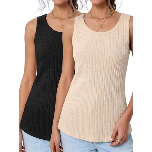 MOSHU 2 Pack Tank Tops for Women Crew Neck Sleeveless Tops Dressy Casual Loose Fit Summer Shirts