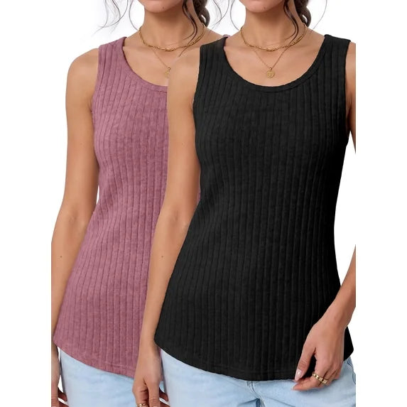 MOSHU 2 Pack Tank Tops for Women Crew Neck Sleeveless Tops Dressy Casual Loose Fit Summer Shirts