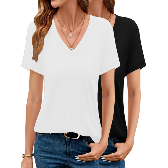 MOSHU 2 Pack Womens T Shirts V Neck Casual Tops Short Sleeve Comfort Fit Shirts for Women