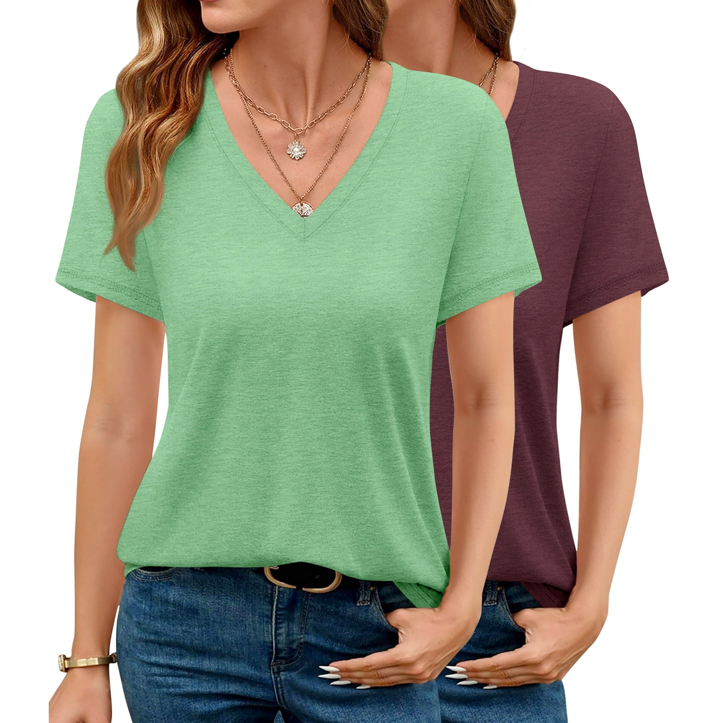 MOSHU 2 Pack Womens T Shirts V Neck Casual Tops Short Sleeve Comfort Fit Shirts for Women