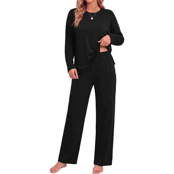MOSHU 2 Piece Lounge Sets for Women Side Slit Pajamas Sets Loose Long Sleeve Tops and Wide Leg Pants Casual Outfits