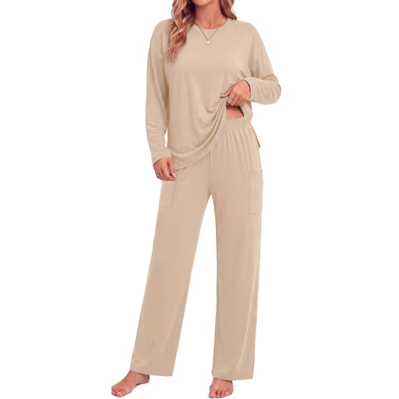 MOSHU 2 Piece Lounge Sets for Women Side Slit Pajamas Sets Loose Long Sleeve Tops and Wide Leg Pants Casual Outfits