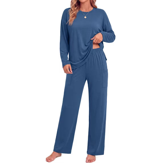 MOSHU 2 Piece Lounge Sets for Women Side Slit Pajamas Sets Loose Long Sleeve Tops and Wide Leg Pants Casual Outfits