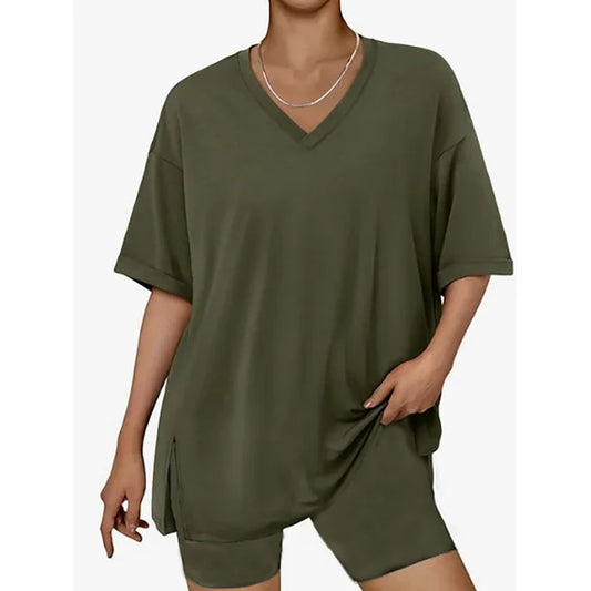 MOSHU 2 Piece Sets for Women Summer Lounge Short Sets Casual Oversized V Neck Shirts And Shorts Matching Fashion Outfits
