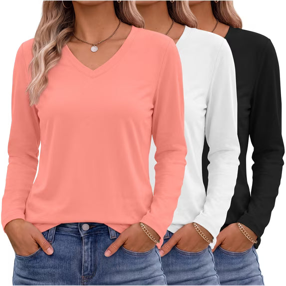 MOSHU 3 Pack T Shirts for Women V Neck Long Sleeve Womens T-shirts Casual Basics Tees Loose Fit Fall Tops