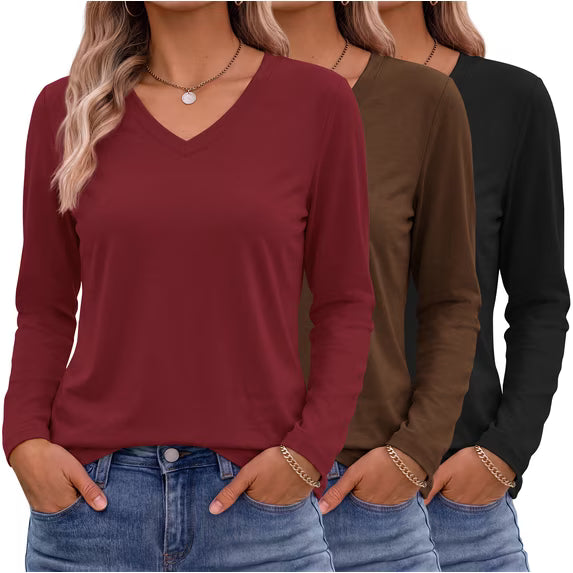 MOSHU 3 Pack T Shirts for Women V Neck Long Sleeve Womens T-shirts Casual Basics Tees Loose Fit Fall Tops