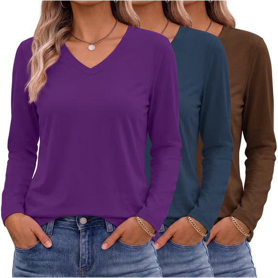 MOSHU 3 Pack T Shirts for Women V Neck Long Sleeve Womens T-shirts Casual Basics Tees Loose Fit Fall Tops