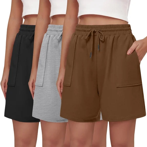 MOSHU 3 Pack Shorts for Women Cotton Drawstring Waist Casual Shorts Summer Loose Fit Shorts with Pockets