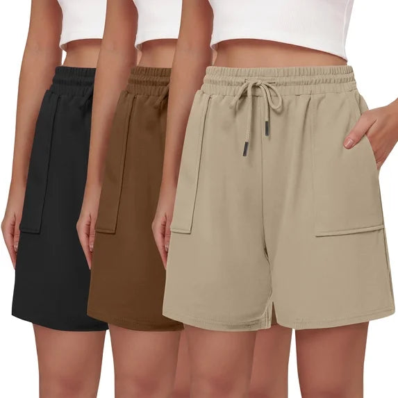 MOSHU 3 Pack Shorts for Women Cotton Drawstring Waist Casual Shorts Summer Loose Fit Shorts with Pockets