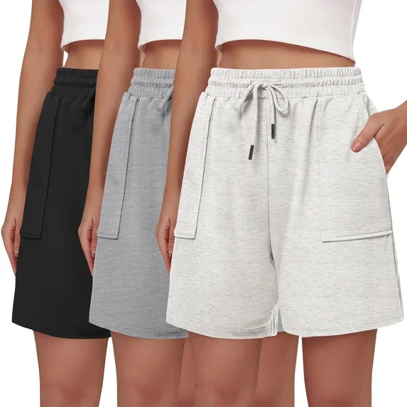 MOSHU 3 Pack Shorts for Women Cotton Drawstring Waist Casual Shorts Summer Loose Fit Shorts with Pockets