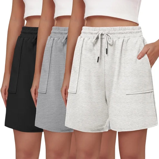 MOSHU 3 Pack Shorts for Women Cotton Drawstring Waist Casual Shorts Summer Loose Fit Shorts with Pockets