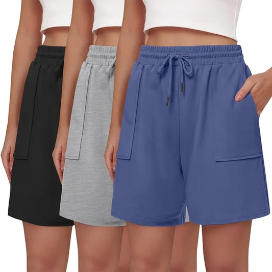MOSHU 3 Pack Shorts for Women Cotton Drawstring Waist Casual Shorts Summer Loose Fit Shorts with Pockets
