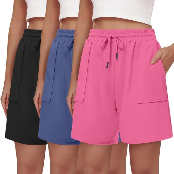 MOSHU 3 Pack Shorts for Women Cotton Drawstring Waist Casual Shorts Summer Loose Fit Shorts with Pockets