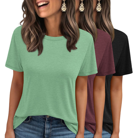MOSHU 3 Pack T-Shirts for Women Short Sleeve Summer Womens Tops Casual Curved Hem Shirts Beach Outfits