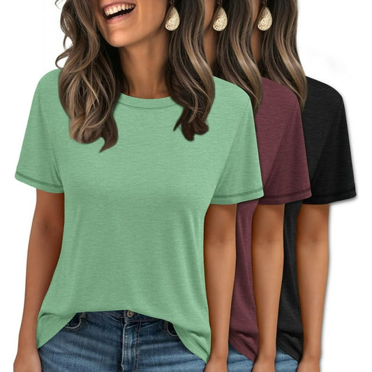 MOSHU 3 Pack T-Shirts for Women Short Sleeve Summer Womens Tops Casual Curved Hem Shirts Beach Outfits