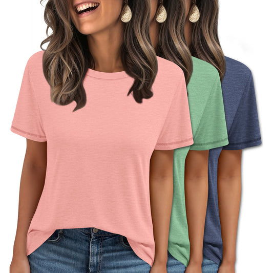 MOSHU 3 Pack T-Shirts for Women Short Sleeve Summer Womens Tops Casual Curved Hem Shirts Beach Outfits