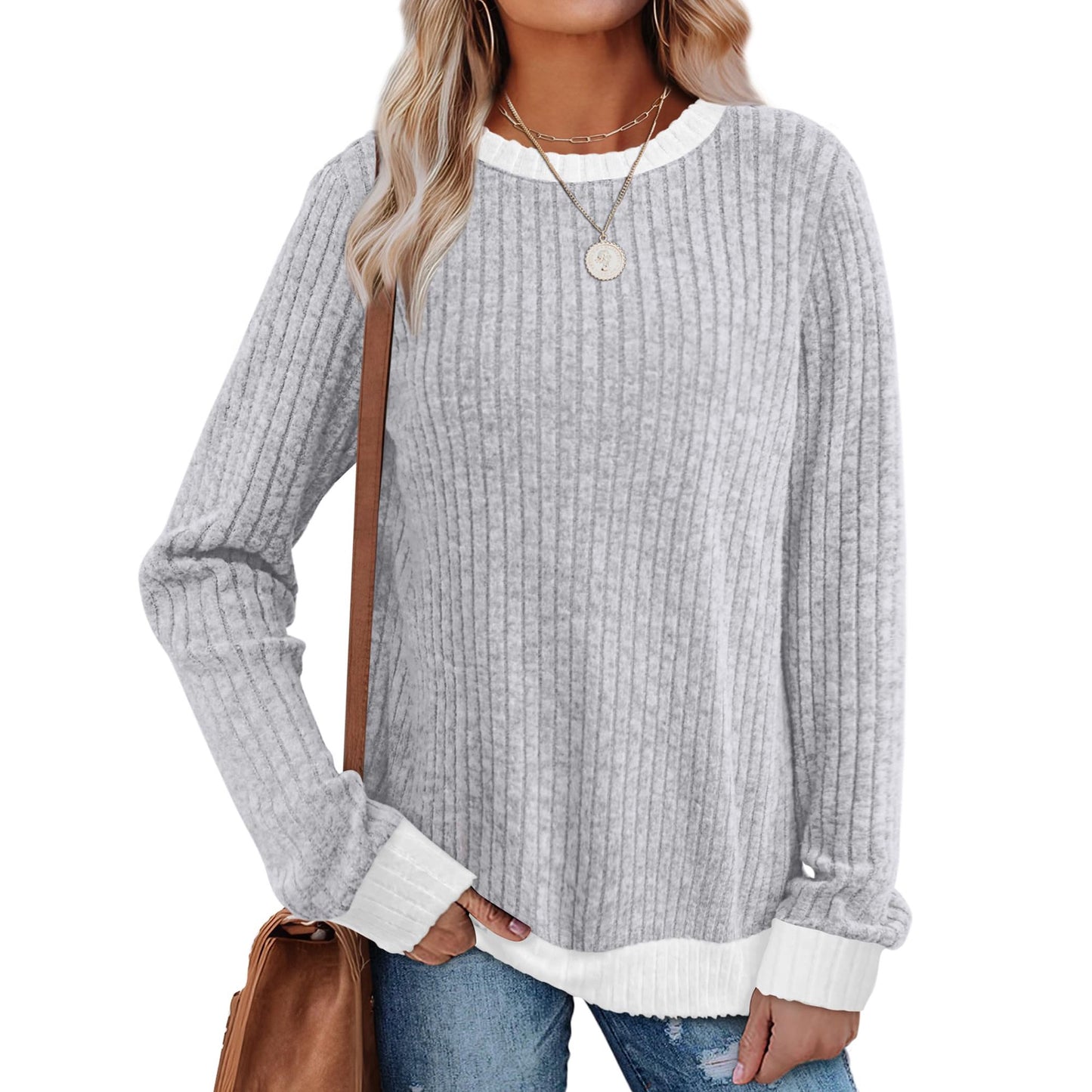 MOSHU Color Block Sweaters for Women Crewneck Long Sleeves Fashion Tops Pullover Fall Lightweight Women Sweaters