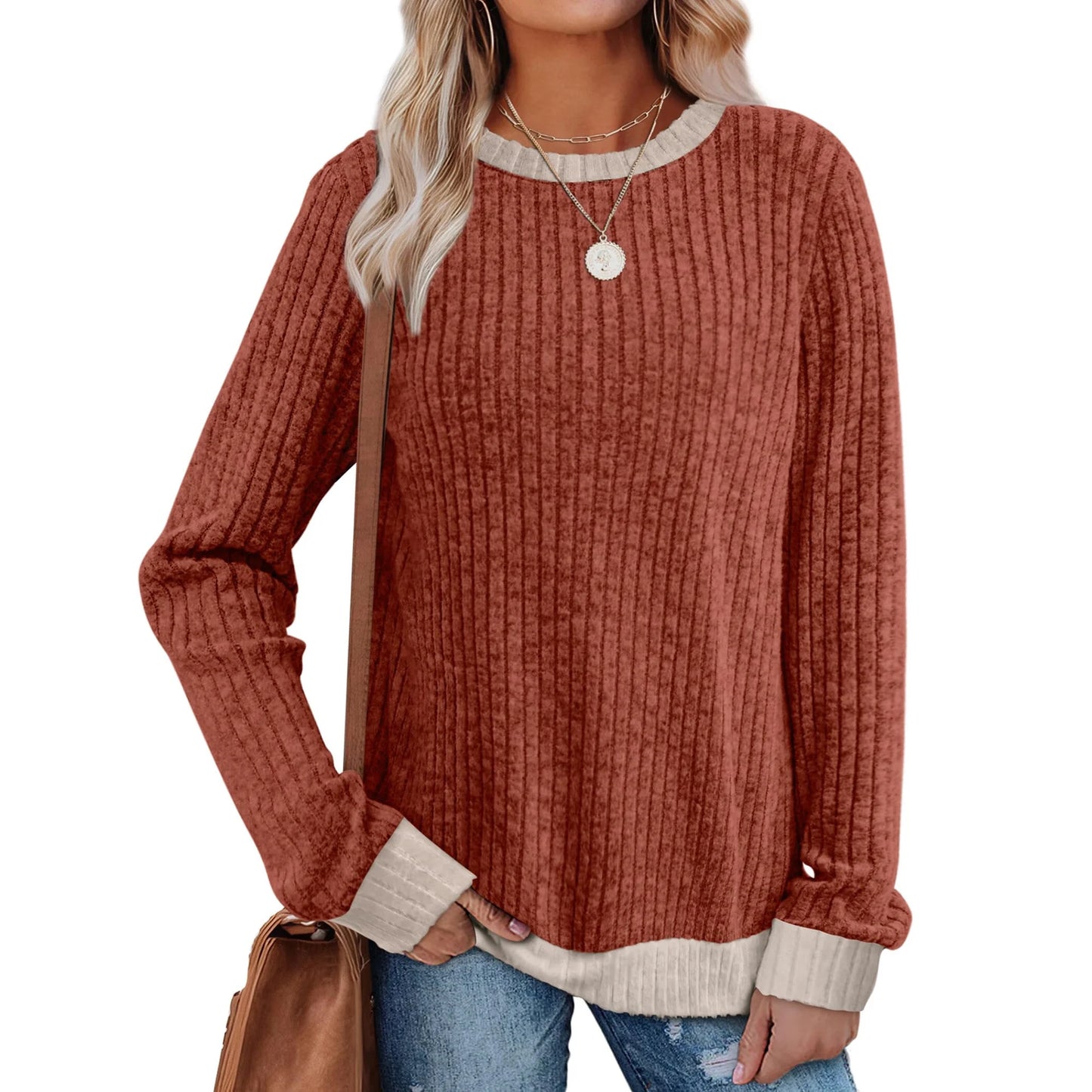 MOSHU Color Block Sweaters for Women Crewneck Long Sleeves Fashion Tops Pullover Fall Lightweight Women Sweaters