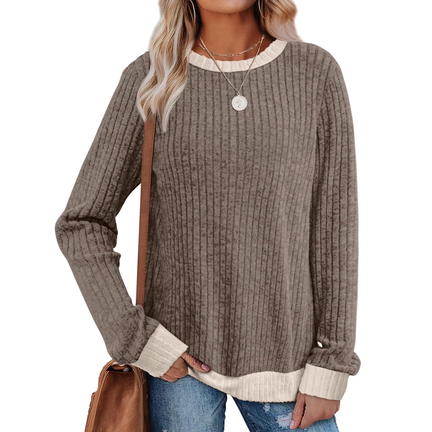 MOSHU Color Block Sweaters for Women Crewneck Long Sleeves Fashion Tops Pullover Fall Lightweight Women Sweaters