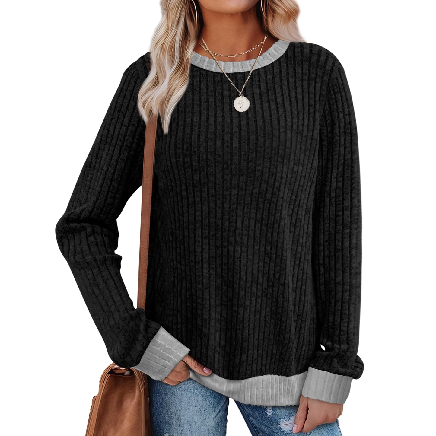 MOSHU Color Block Sweaters for Women Crewneck Long Sleeves Fashion Tops Pullover Fall Lightweight Women Sweaters