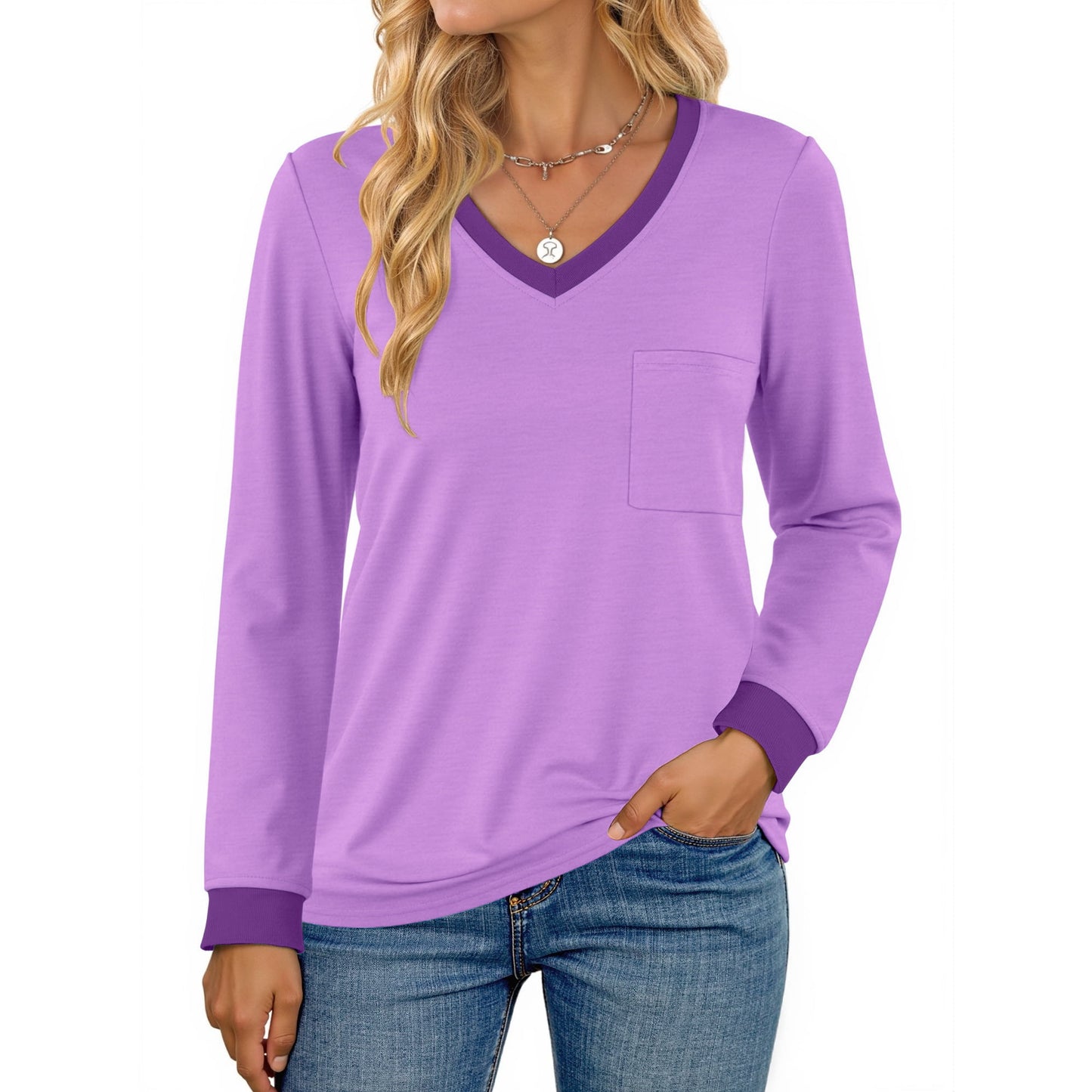 MOSHU Color Block T Shirts for Women V Neck Long Sleeve Womens Shirts Loose Fall Tops with Pocket