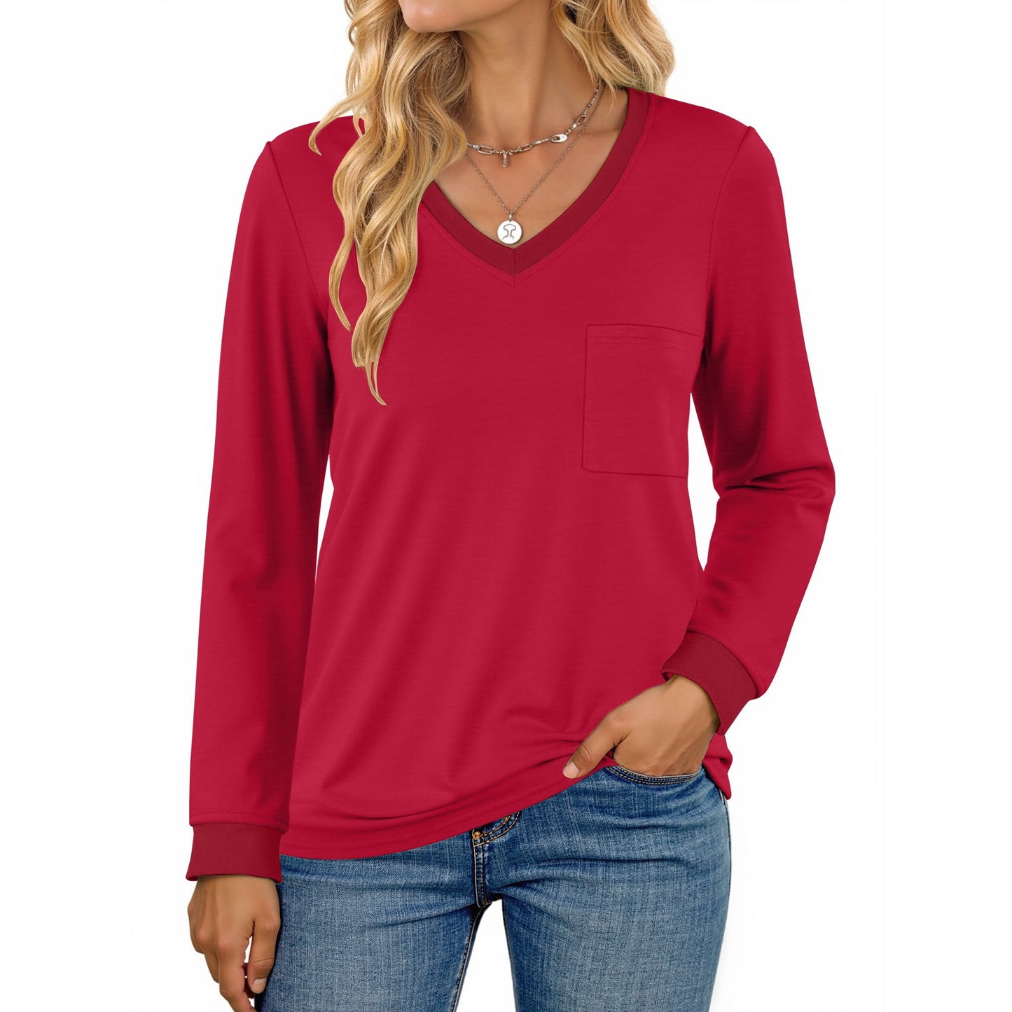 MOSHU Color Block T Shirts for Women V Neck Long Sleeve Womens Shirts Loose Fall Tops with Pocket