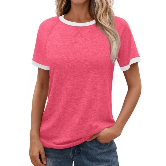 MOSHU Color Block Womens T-shirts Round Neck Shirts for Women Short Sleeve Loose Fit Women Tops