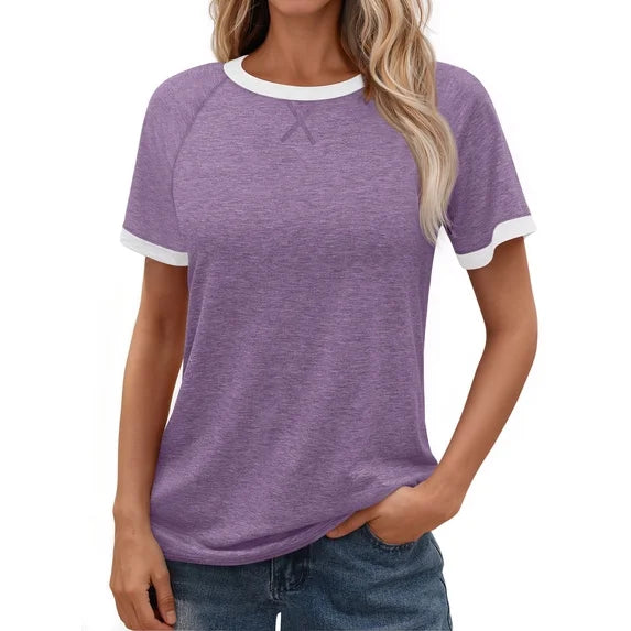 MOSHU Color Block Womens T-shirts Round Neck Shirts for Women Short Sleeve Loose Fit Women Tops