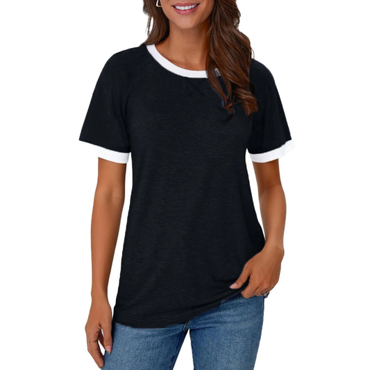 MOSHU Color Block Womens T-shirts Round Neck Shirts for Women Short Sleeve Loose Fit Women Tops
