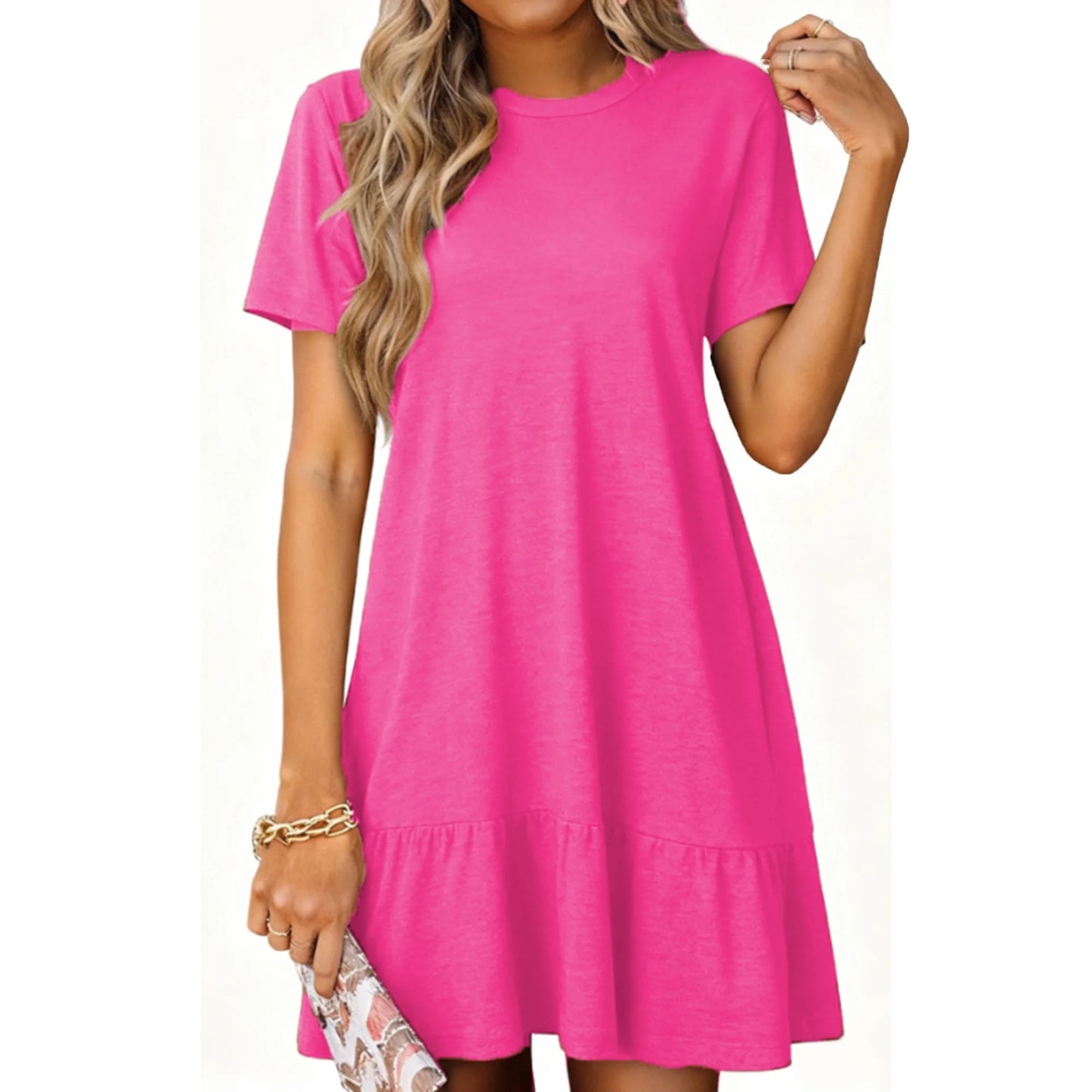 MOSHU Crew Neck Dresses for Women Short Sleeve Women Dresses Casual Swing Babydoll Midi Dress with Pockets