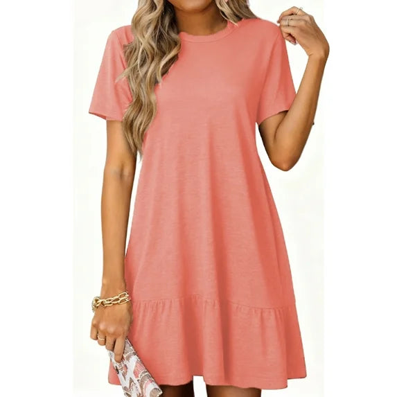 MOSHU Crew Neck Dresses for Women Short Sleeve Women Dresses Casual Swing Babydoll Midi Dress with Pockets