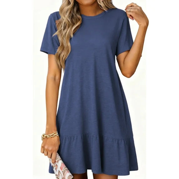 MOSHU Crew Neck Dresses for Women Short Sleeve Women Dresses Casual Swing Babydoll Midi Dress with Pockets
