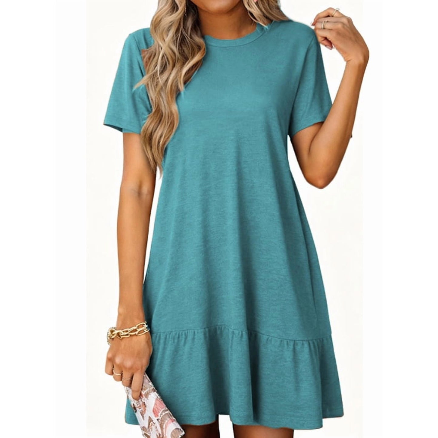MOSHU Crew Neck Dresses for Women Short Sleeve Women Dresses Casual Swing Babydoll Midi Dress with Pockets