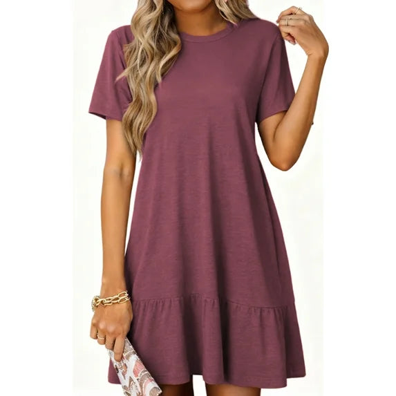 MOSHU Crew Neck Dresses for Women Short Sleeve Women Dresses Casual Swing Babydoll Midi Dress with Pockets