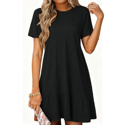 MOSHU Crew Neck Dresses for Women Short Sleeve Women Dresses Casual Swing Babydoll Midi Dress with Pockets