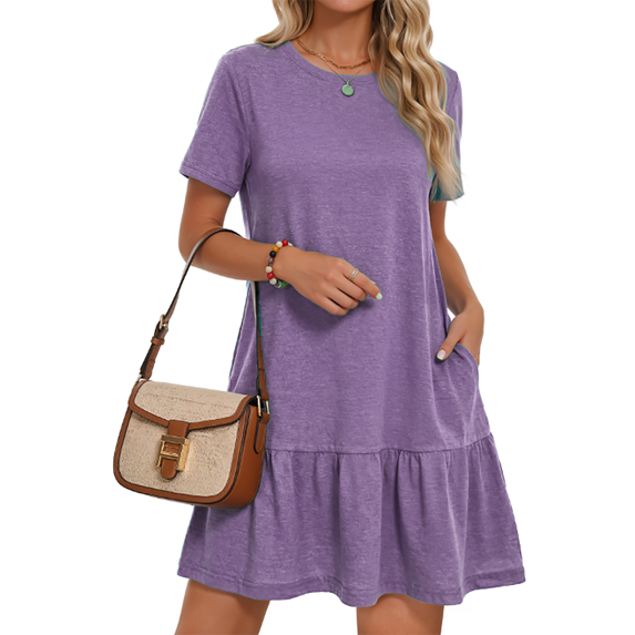 MOSHU Crew Neck Dresses for Women Short Sleeve Women Dresses Casual Swing Babydoll Midi Dress with Pockets