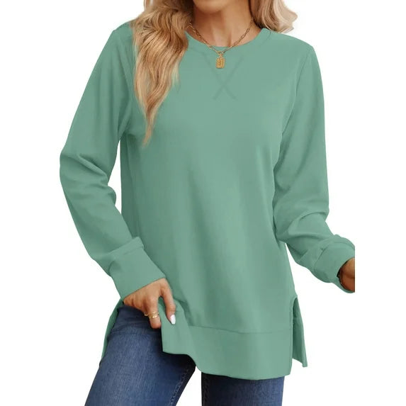 MOSHU Crewneck Sweatshirts for Women Side Split Long Sleeve Shirts Fashion Fall Womens Tops