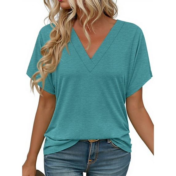 MOSHU Deep V Neck Womens Tops Curved Hem Shirts for Women Fashion Trendy Blouses Casual Loose Fit Tees Tops