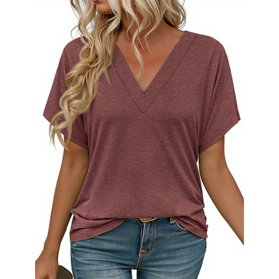 MOSHU Deep V Neck Womens Tops Curved Hem Shirts for Women Fashion Trendy Blouses Casual Loose Fit Tees Tops