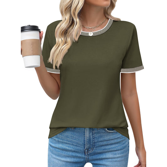 MOSHU Dressy Women Tops Crewneck Blouses for Women Striped Colorblock Short Sleeve Shirts Casual Summer Tops
