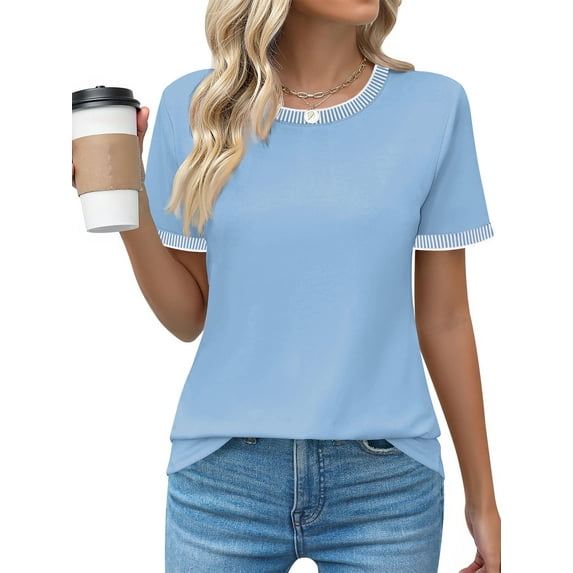 MOSHU Dressy Women Tops Crewneck Blouses for Women Striped Colorblock Short Sleeve Shirts Casual Summer Tops
