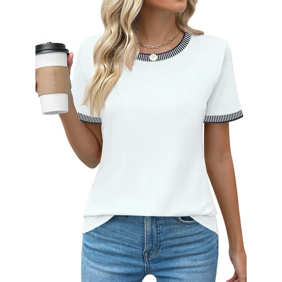 MOSHU Dressy Women Tops Crewneck Blouses for Women Striped Colorblock Short Sleeve Shirts Casual Summer Tops
