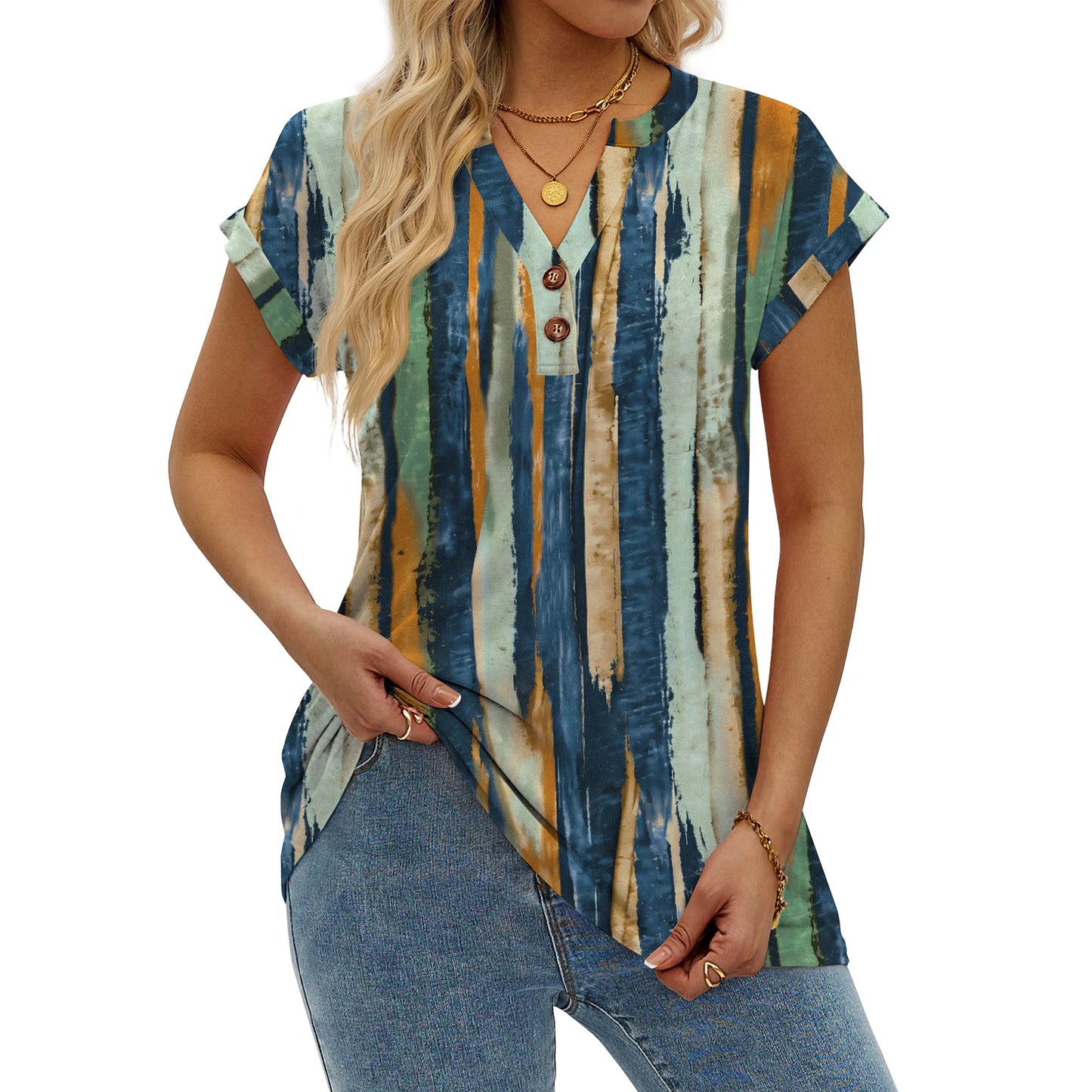 MOSHU Henley T-Shirts for Women Short Sleeve V Neck Tops Summer Trendy Tee Shirts Fashion Clothes